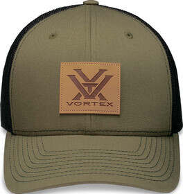Vortex Optics Leather Barneveld 608 Trucker Cap in Olive Drab Green with leather logo patch